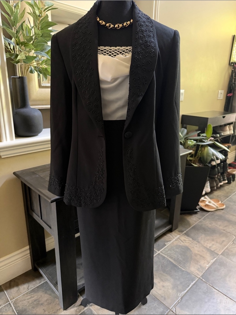 Jessica Black Embellished Shawl Collar Blazer and Skirt Set